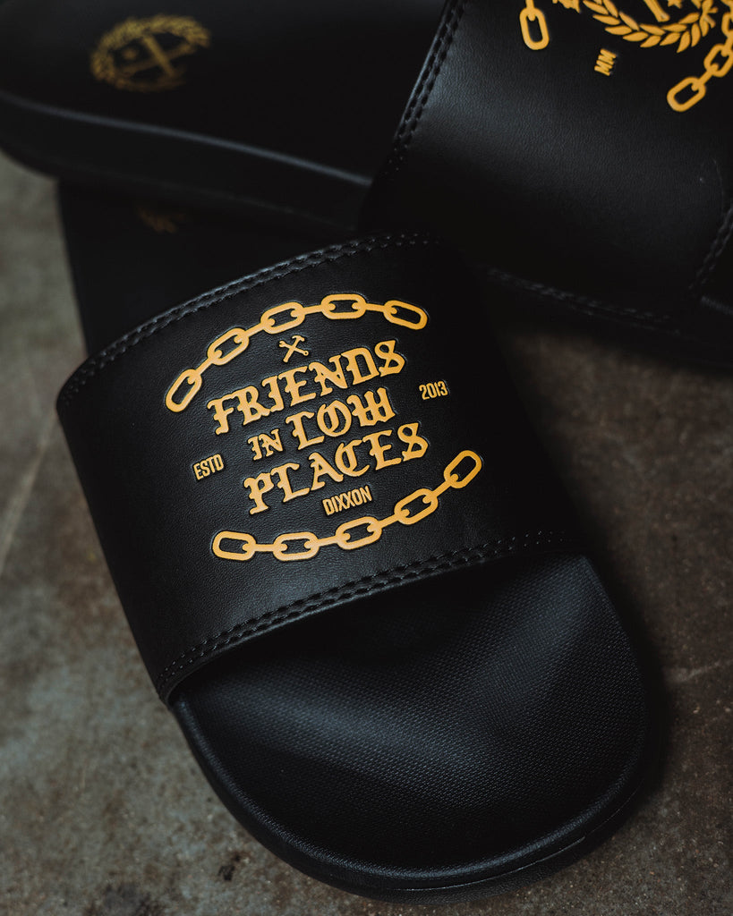 Friends in Low Places Slides - Gold & Black - Dixxon Flannel Co.