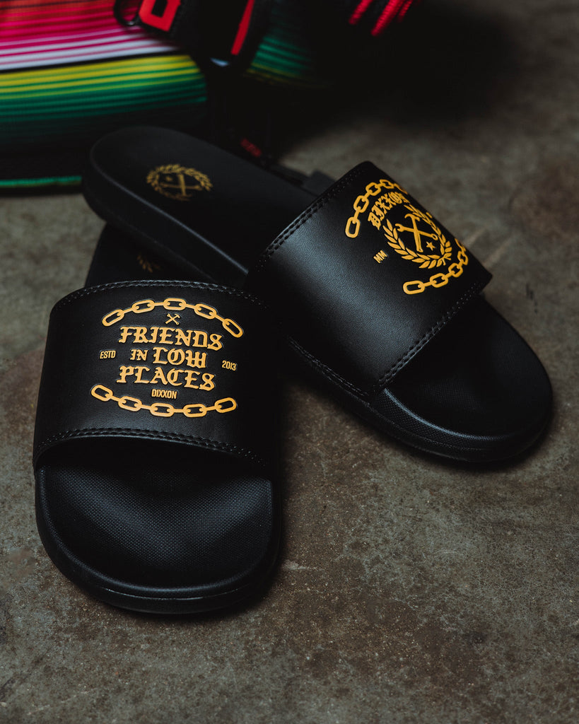 Friends in Low Places Slides - Gold & Black - Dixxon Flannel Co.