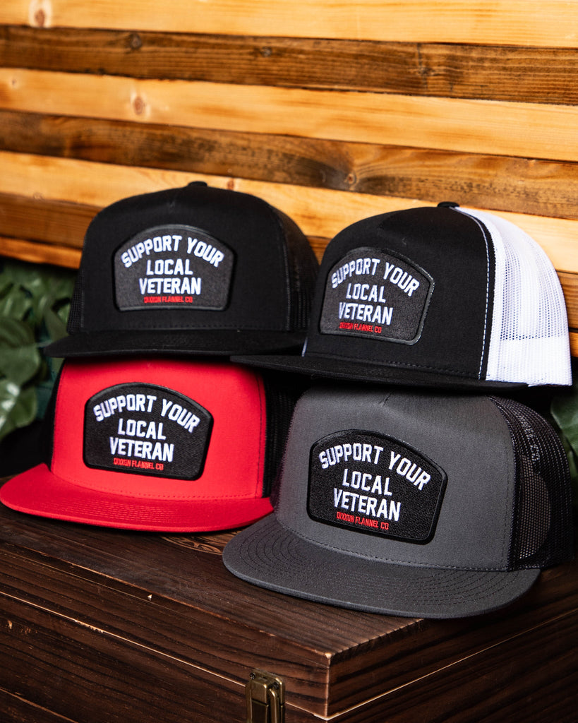 Support Your Local Veteran Flat Bill Trucker Snapback - Black, White, & Red - Dixxon Flannel Co.