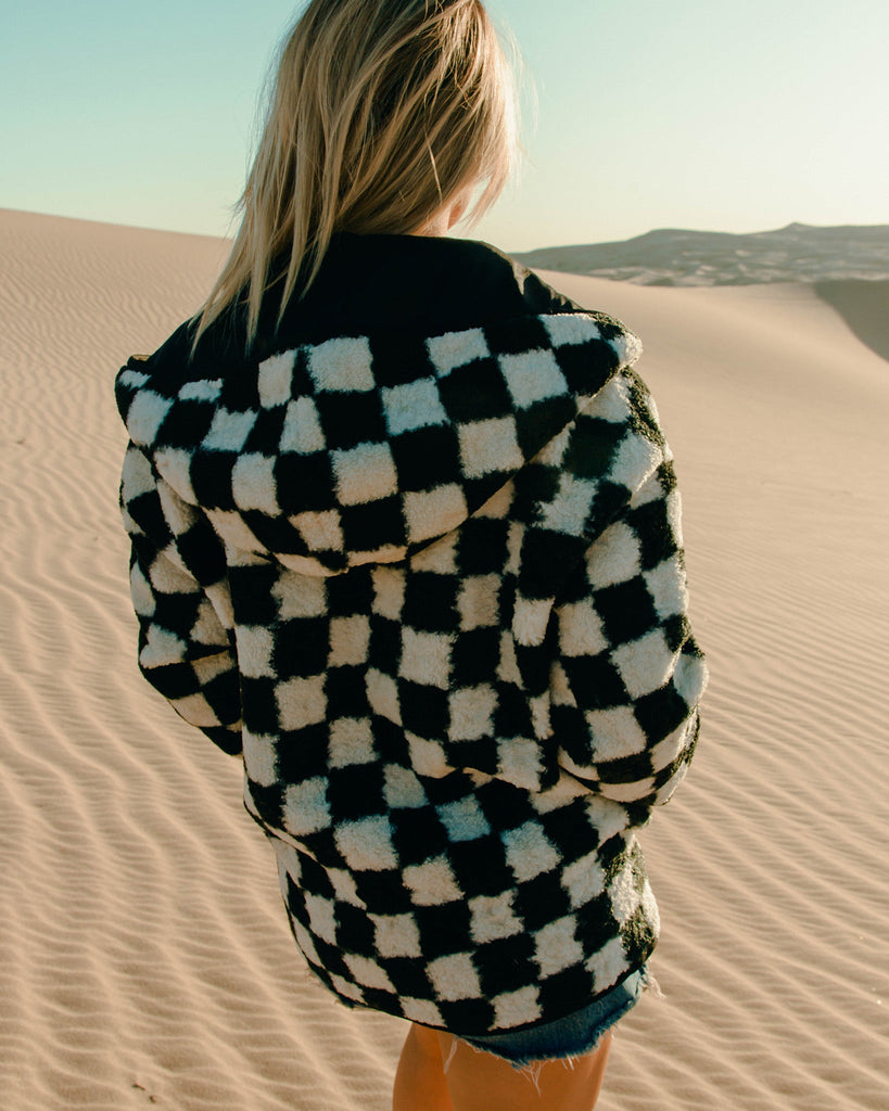 Women's Checkered Sherpa Cardigan - Black & White - Dixxon Flannel Co.