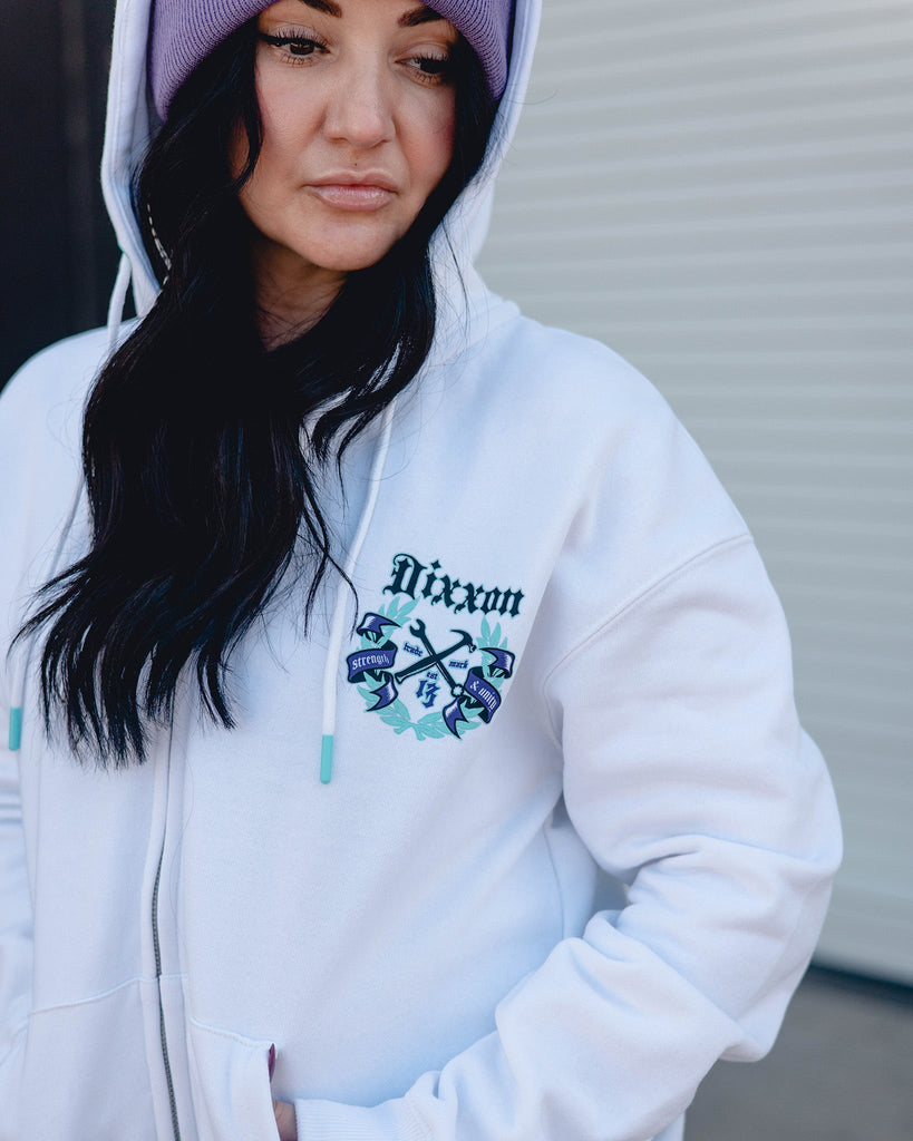 Women's Purple Award Crest Zip Up - White - Dixxon Flannel Co.