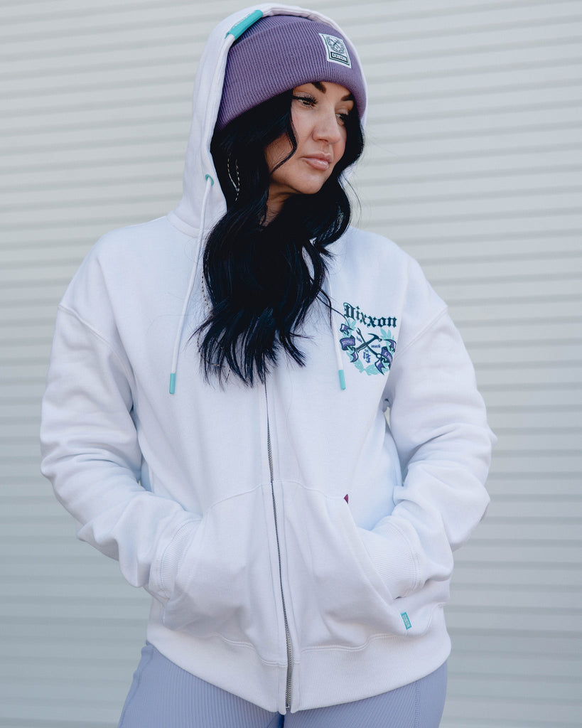 Women's Purple Award Crest Zip Up - White - Dixxon Flannel Co.