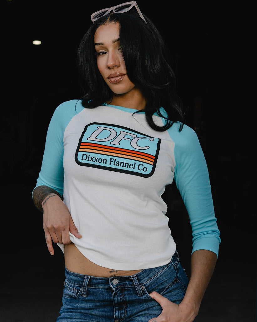 Women's Steeze Raglan 3/4 Tee - White & Tiffany - Dixxon Flannel Co.