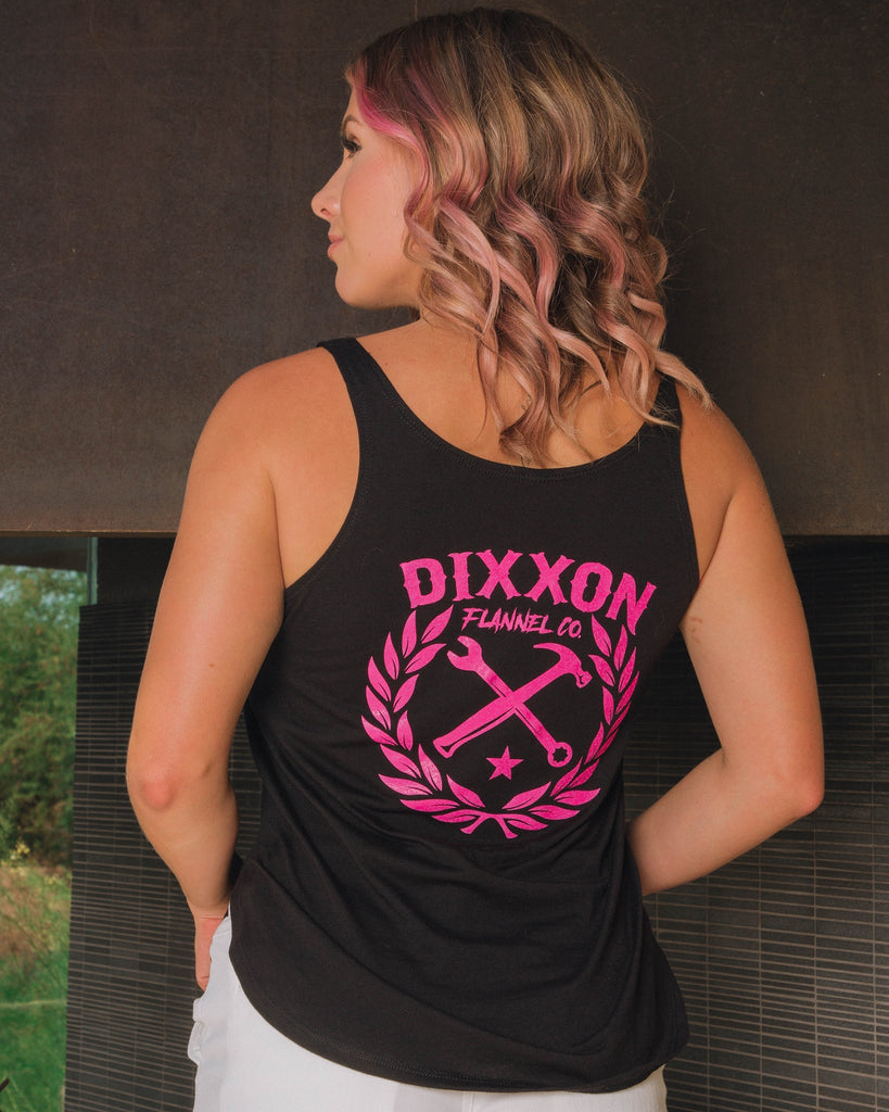 Women's Pink Sketchy Crest Flowy Tank - Black - Dixxon Flannel Co.